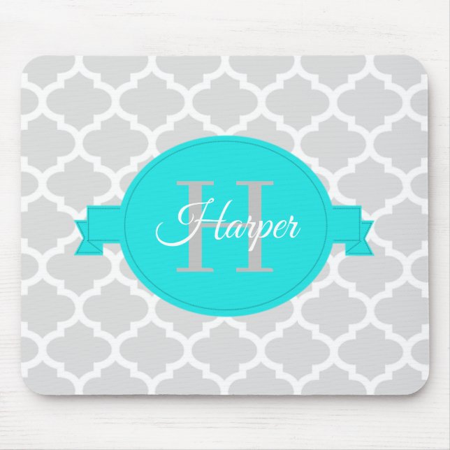 Turquoise Quatrefoil Personalised Mouse Pad (Front)