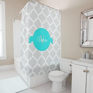 Turquoise Quatrefoil Personalised Shower Curtain