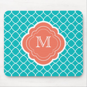 Turquoise Quatrefoil with Coral Monogram Mouse Mat