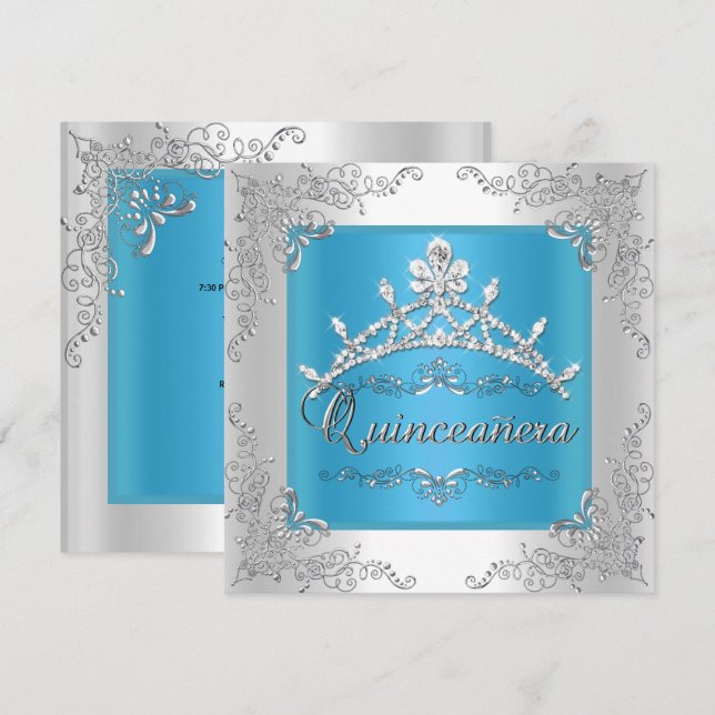 Turquoise Quinceanera 15th Birthday Silver Tiara Invitation (Front/Back)