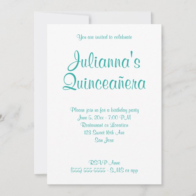 Turquoise Quinceañera Calligraphy Birthday Invitation (Front)
