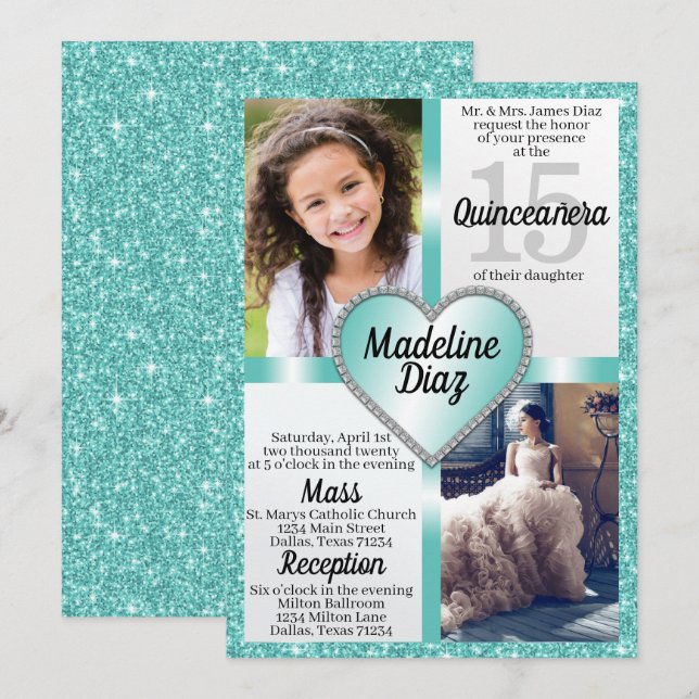 Turquoise Quinceañera Invitation 15 Cumpleaños (Front/Back)