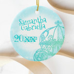 Turquoise Quinceanera Keepsake Christmas Ornament<br><div class="desc">Commemorate your Quinceañera,  special birthday,  or arrival of a new baby with a turquoise personalised custom Christmas ornament. Turquoise watercolor background with glitter horse carriage will beautifully transfer to other gifts. This whimsical horse carriage Quinceanera ornament is dazzling as a wide variety of other ornaments,  stickers,  boxes,  and cards.</div>