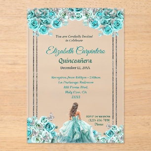 Turquoise Quinceañera Roses and Silver Butterflies Acrylic Invitations
