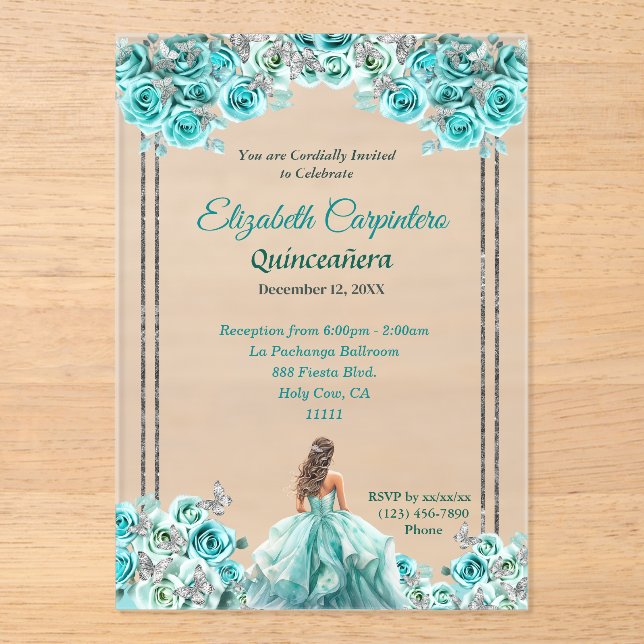 Turquoise Quinceañera Roses and Silver Butterflies Acrylic Invitations (Front)