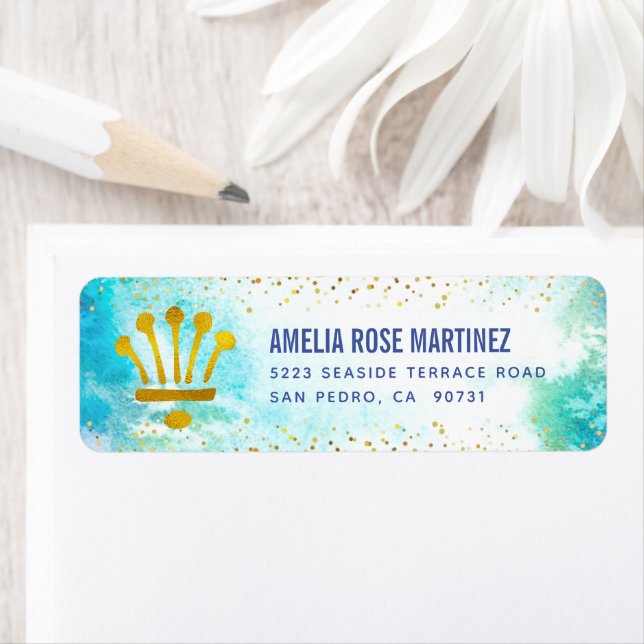 Turquoise Quinceañera Watercolor Gold Foil Address (Insitu)