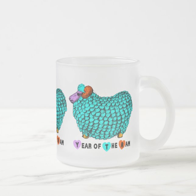 Turquoise Ram Chinese Year Zodiac Frosted Glass M Frosted Glass Coffee Mug (Right)