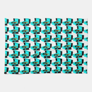 Turquoise Record Player Houndstooth Kitchen Towel