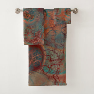 Turquoise, red and Rust Marble abstract Bath Towel Set