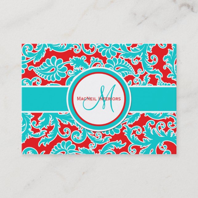 Turquoise, Red, and White Damask Business Card (Front)