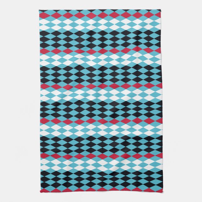 Turquoise , red, black, white diamonds tea towel (Vertical)
