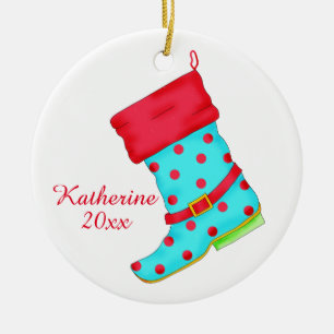 Turquoise Red Boot Art Shoe Lover Christmas Name Ceramic Tree Decoration