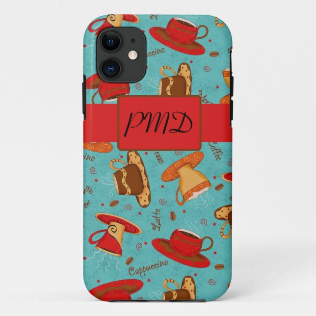 Turquoise & Red Coffee Cups Pattern Monogram Case-Mate iPhone Case (Back)