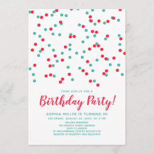 Turquoise Red Confetti SVG Modern Birthday Party Invitation