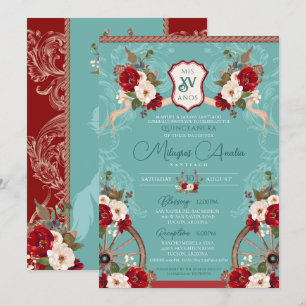 Turquoise & Red Elegant Baroque Charra Quinceañera Invitation