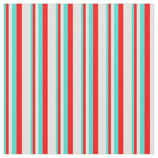 Turquoise, Red & Light Cyan Coloured Stripes Fabric (Close Up)