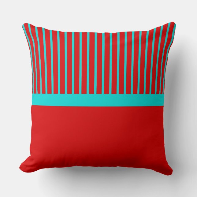 Turquoise Red Stripe Reversible Throw Pillow (Front)