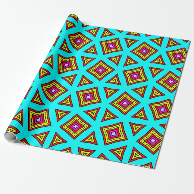 Turquoise, Red, Yellow & Purple Geometric Pattern Wrapping Paper (Unrolled)