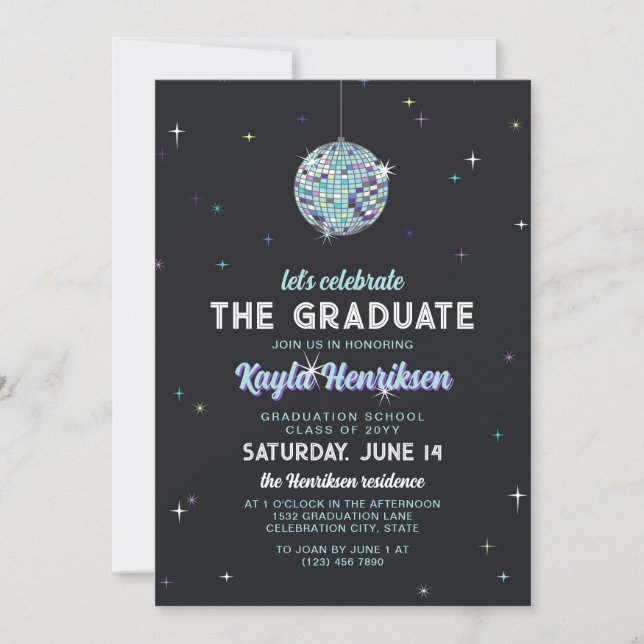 Turquoise Retro Discoball Flares Graduation Party Invitation (Front)