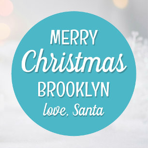 Turquoise Retro Love Santa Personalised Christmas Classic Round Sticker