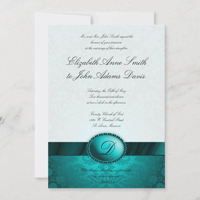 Turquoise Ribbon Damask Wedding Invitation (Front)