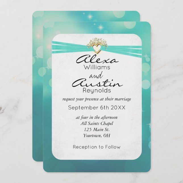 Turquoise Ribbon in Gold Heart Wedding Invitation (Front/Back)