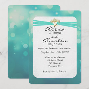 Turquoise Ribbon in Gold Heart Wedding Invitation