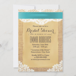 Turquoise Ribbon & Lace Burlap Bridal Shower Invitation