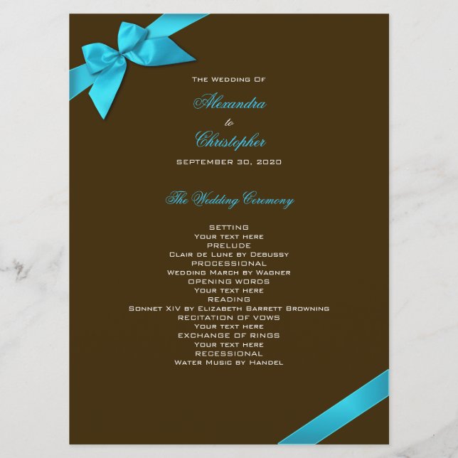 Turquoise Ribbon on Brown Wedding Program Programme (Front)