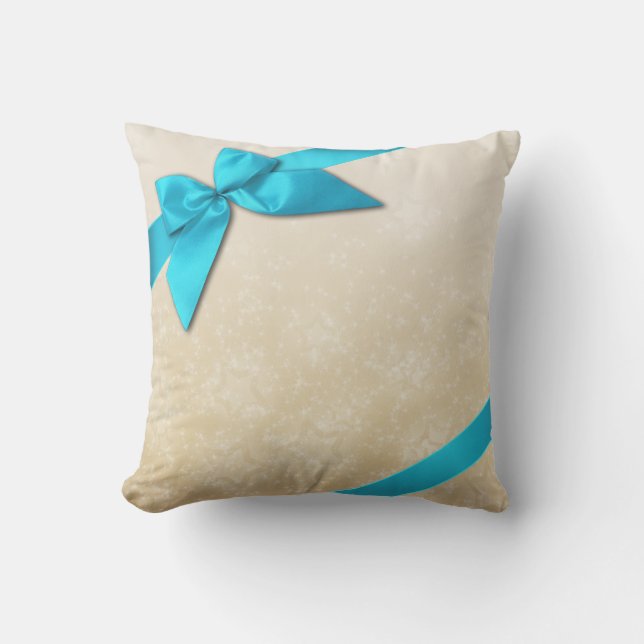 Turquoise Ribbon on Ivory Stars Background Cushion (Front)