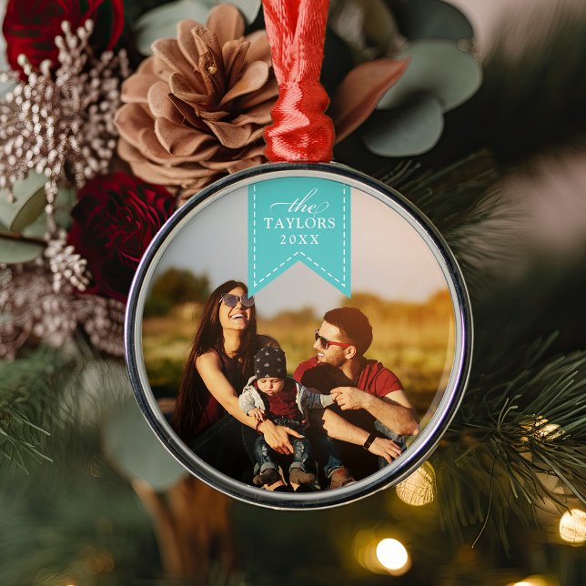 Turquoise Ribbon | Personalised Name & Year Photo Metal Tree Decoration (Creator Uploaded)