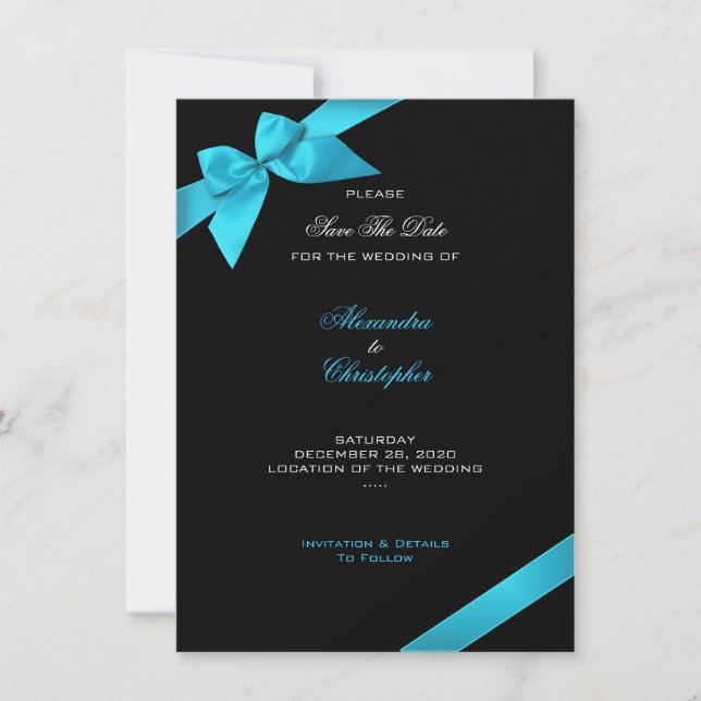Turquoise Ribbon Wedding Save The Date 2 (Front)