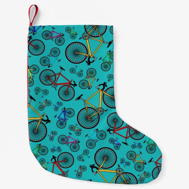 Turquoise road bikes small christmas stocking (Front)