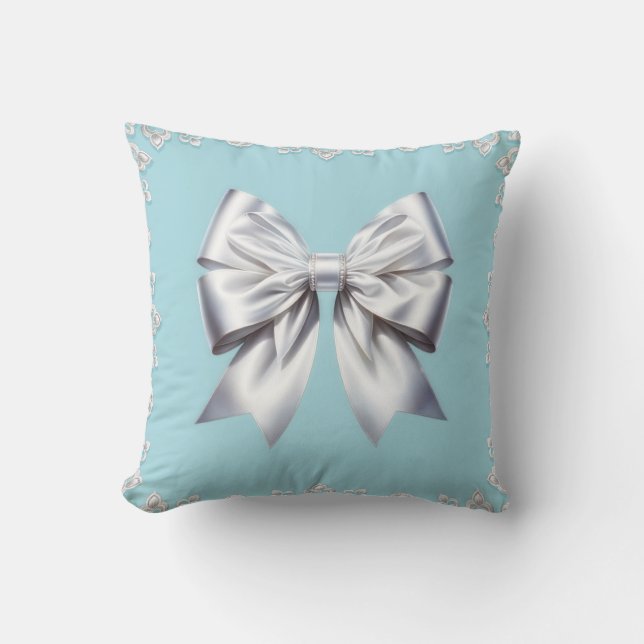 Turquoise Robin's Egg Blue Big White Bow Bridal  Cushion (Front)