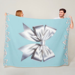 Turquoise Robin's Egg Blue Big White Bow Bridal  Fleece Blanket