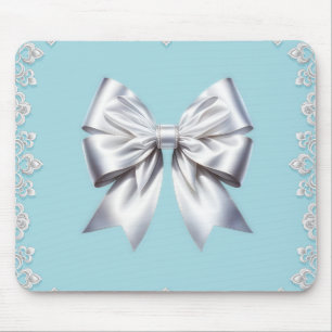 Turquoise Robin's Egg Blue Big White Bow Bridal  Mouse Mat