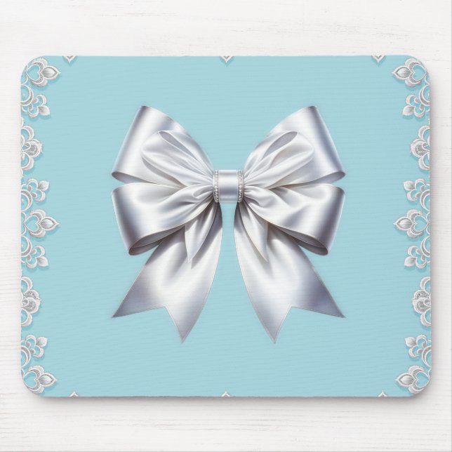 Turquoise Robin's Egg Blue Big White Bow Bridal  Mouse Mat (Front)