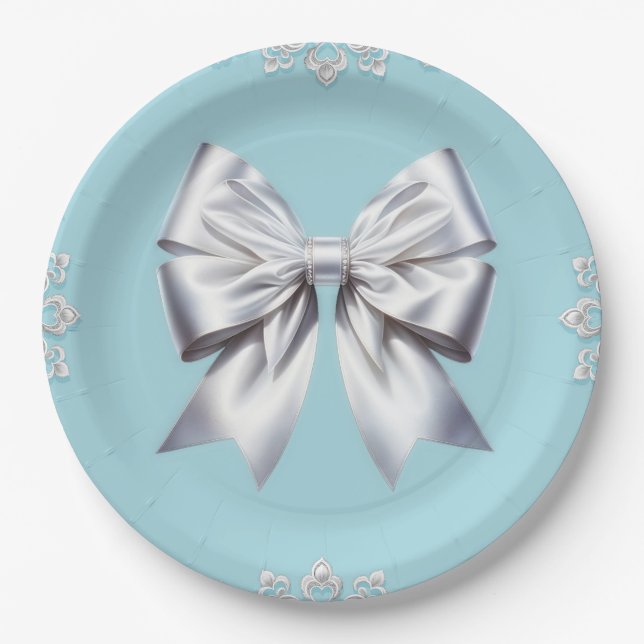 Turquoise Robin's Egg Blue Big White Bow Bridal  Paper Plate (Front)