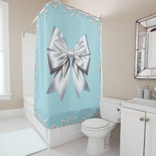 Turquoise Robin's Egg Blue Big White Bow Bridal Shower Curtain