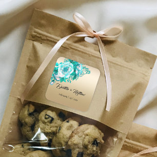 Turquoise Romantic Roses on Gold Wedding  Square Sticker
