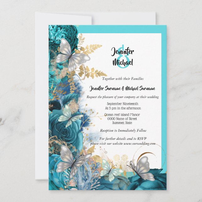 Turquoise rose butterfly blue silver gold wedding invitation (Front)