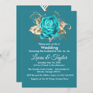 Turquoise Rose & Gold Feathers Wedding Invitation