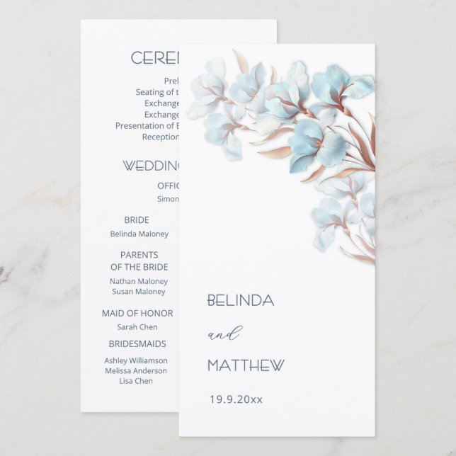 Turquoise Rose Gold Flowers | Wedding Program (Front/Back)