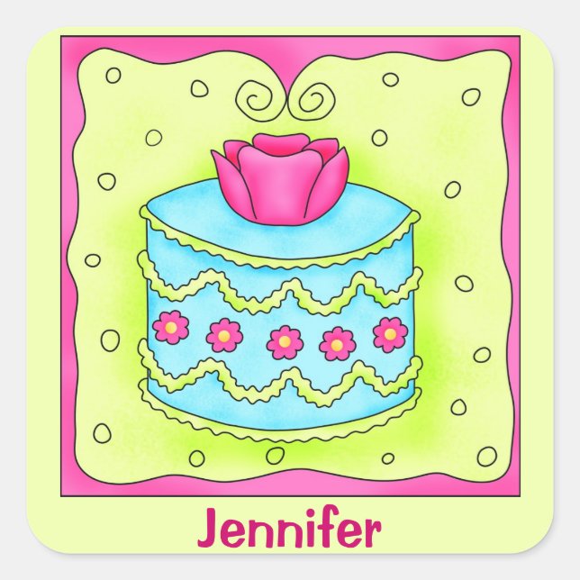 Turquoise Rose Happy Birthday Cake Monogram Square Sticker (Front)