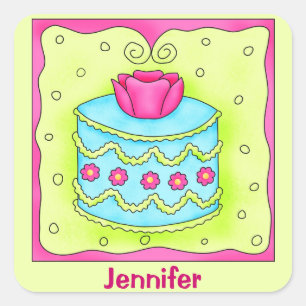 Turquoise Rose Happy Birthday Cake Monogram Square Sticker