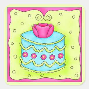 Turquoise Rose Happy Birthday Cake Square Sticker