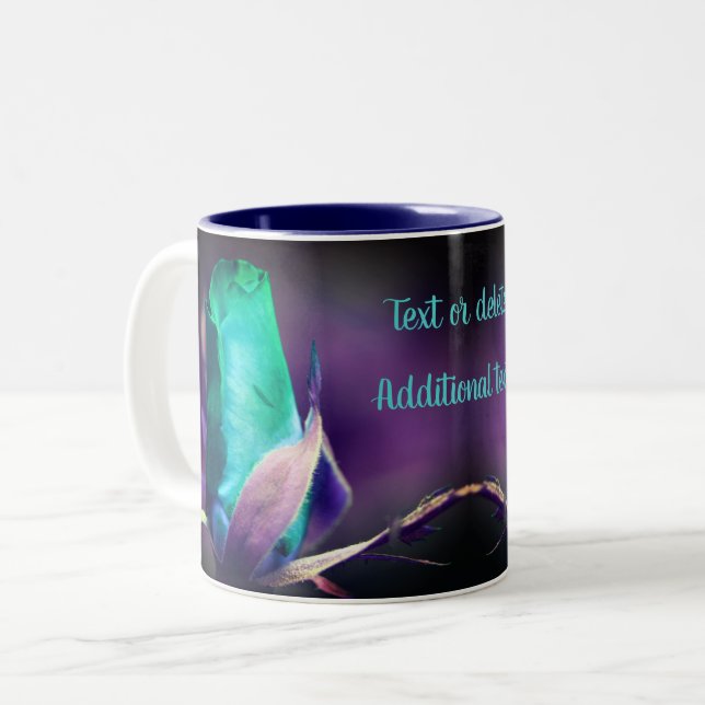 Turquoise Rosebud Floral Art Personalised  Two-Tone Coffee Mug (Front Left)
