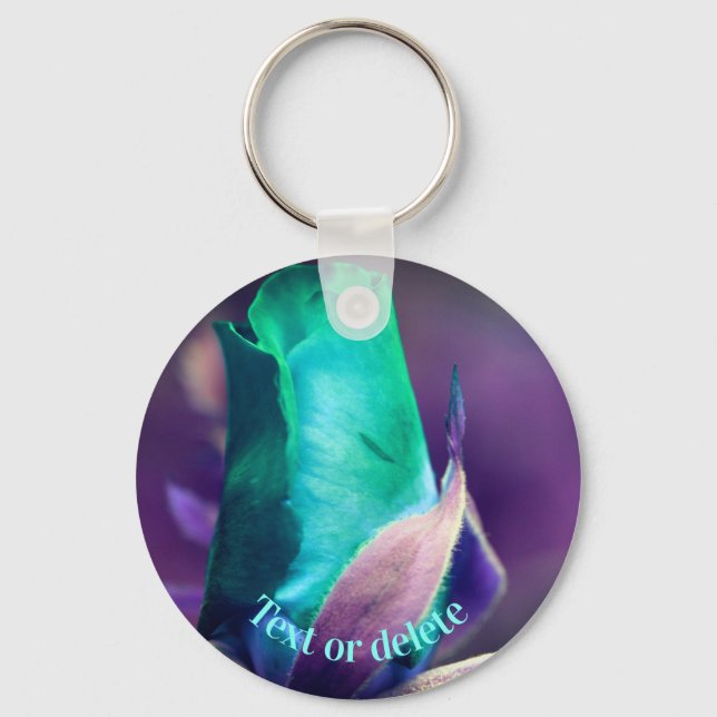 Turquoise Rosebud Flower Personalised Key Ring (Front)