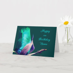 Turquoise Rosebud Flower Personalized Birthday Card