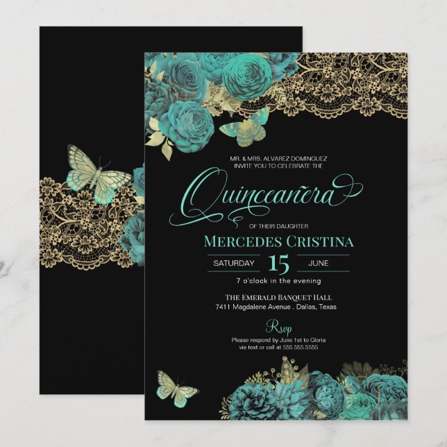 Turquoise Roses and Lace Butterfly Quinceañera Invitation (Front/Back)